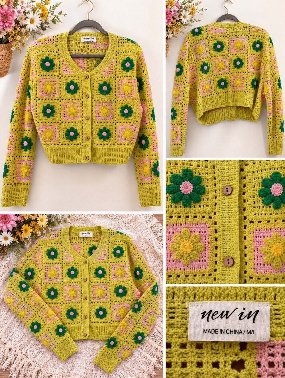 Daisy Crochet Cardigan |Floral Cardigan Sweater - Lime Green & Pink |M/L |EUC - Picture 4 of 7
